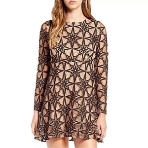 For Love And Lemons Black and Tan Bishop Sleeve Mini Dress Metz star dress